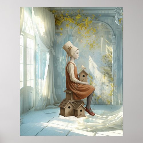 A Girl & Her Birdhouses | Surreal Storybook Poster