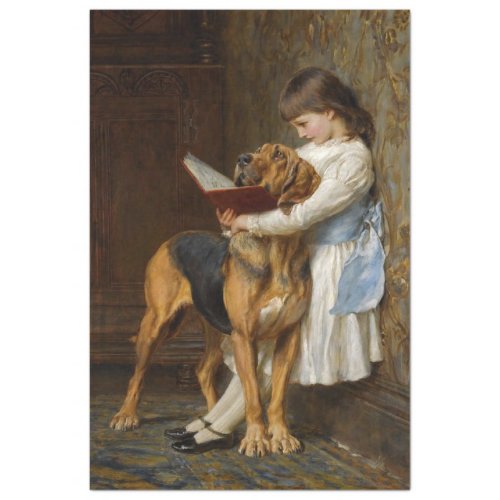 A girl  her dog reading decoupage paper