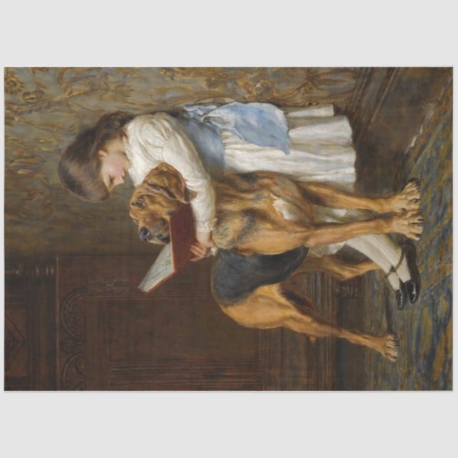 A girl & her dog reading decoupage paper (Front)