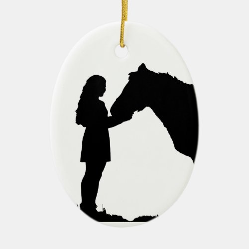 A Girl  Her Horse Love Silhouette Art Ceramic Ornament