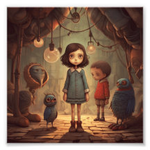 A girl in a blue dress stands with boy