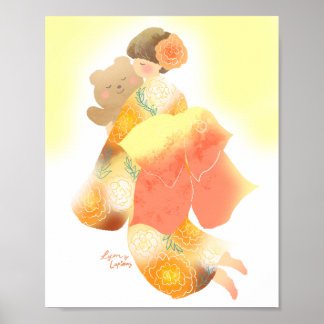 A Girl in a Kimono and a Teddy Bear Poster