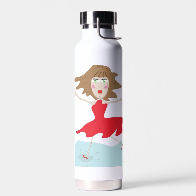 a girl in a red dress bottle happy jumpy (Left)