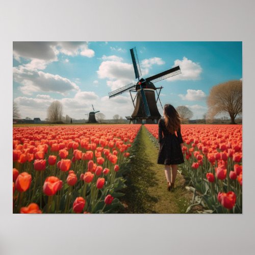 A girl in a tulip field poster