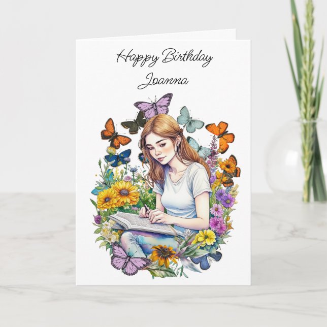 A Girl, Journal, Butterflies Personalized Birthday Card (Front)