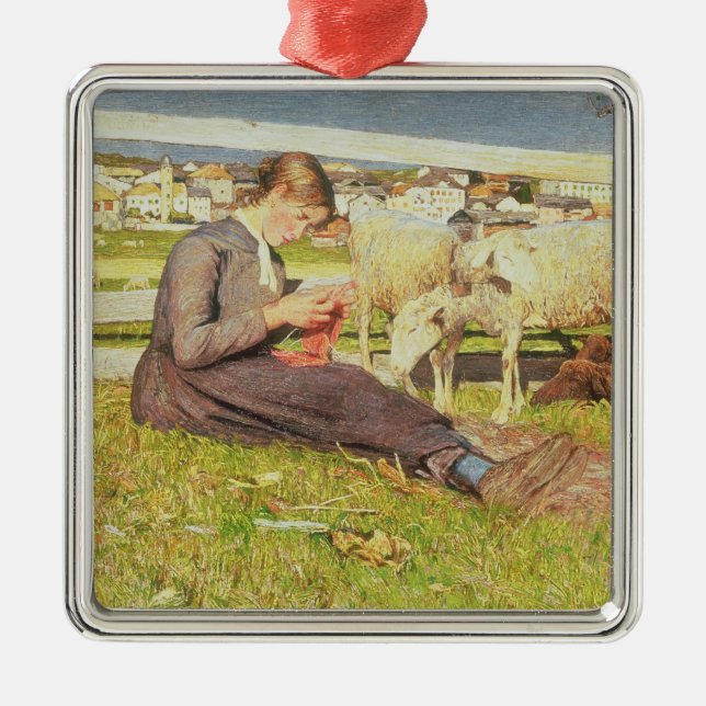 A Girl Knitting, 1888 (oil on canvas) Metal Ornament (Front)