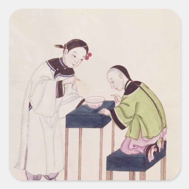A Girl Looking for Luck into a Bowl of Water Square Sticker (Front)