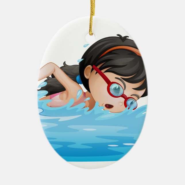 A girl swimming with goggles ceramic ornament (Front)