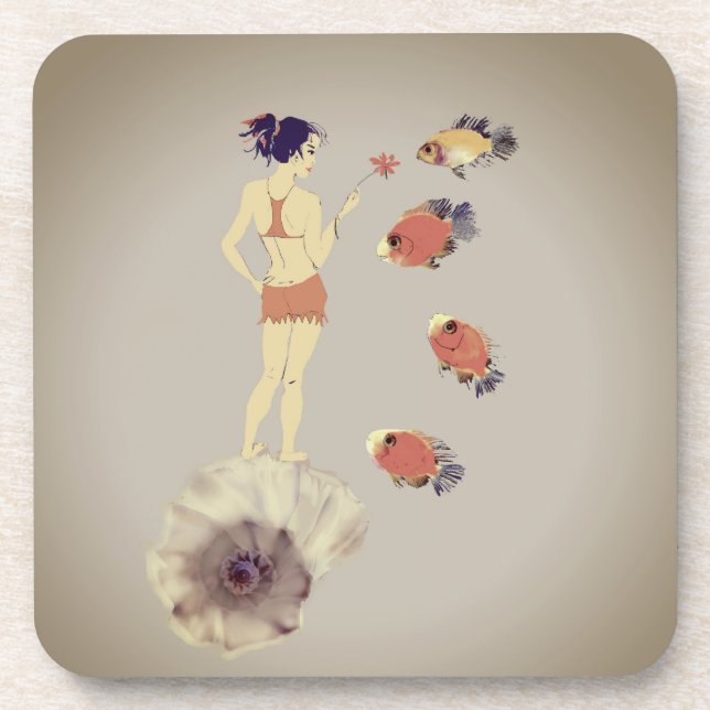 A girl with a flower beverage coaster (Front)