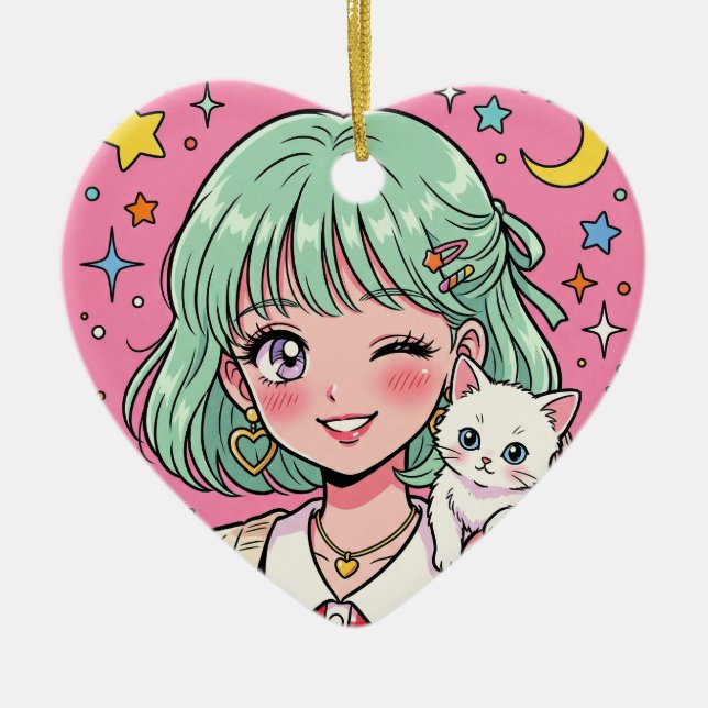 A girl with a lovely wink and a cute kitten ceramic ornament (Front)