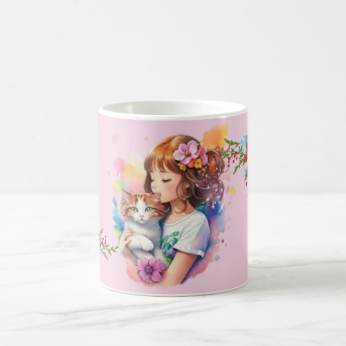 A girl with her cat mug