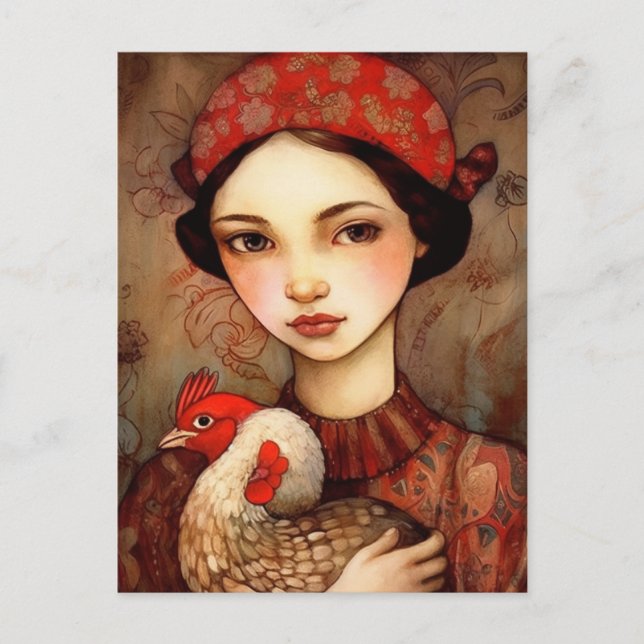 A Girl with Her Pet Chicken Ai Art Postcard (Front)