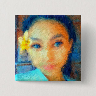 A Girl with Plumeria Flower - Impressionist Button