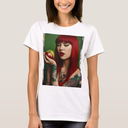 A girl with tattos eating a apple T_shirt 