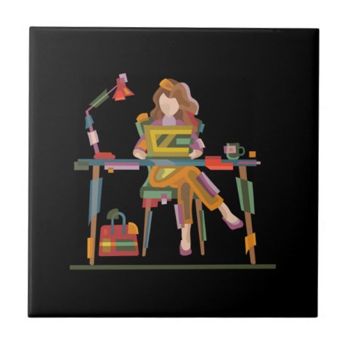 A GIRL WORKING SINCERELY IN LAPTOP  96 CERAMIC TILE