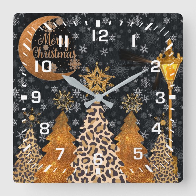 A Glamorous Wild Leopard Christmas Square Wall Clock (Front)
