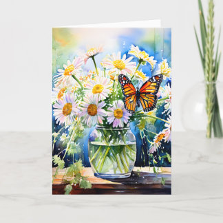 A Glass Vase of Daisies and a Monarch Butterfly Card