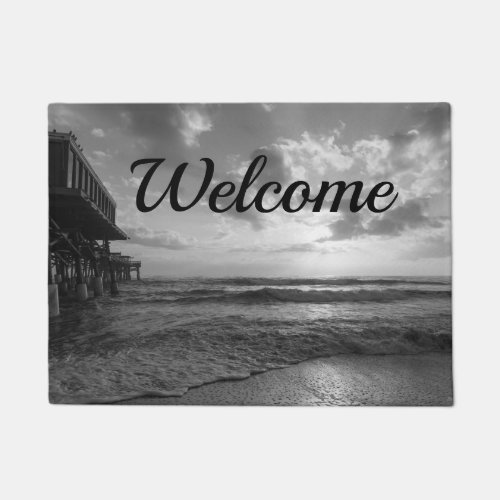 A Glorious Beach Morning Grayscale Welcome Doormat