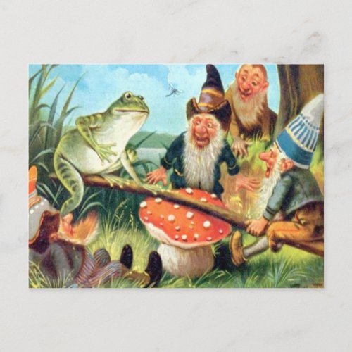 A Gnome and Frog on a Mushroom Seesaw Postcard