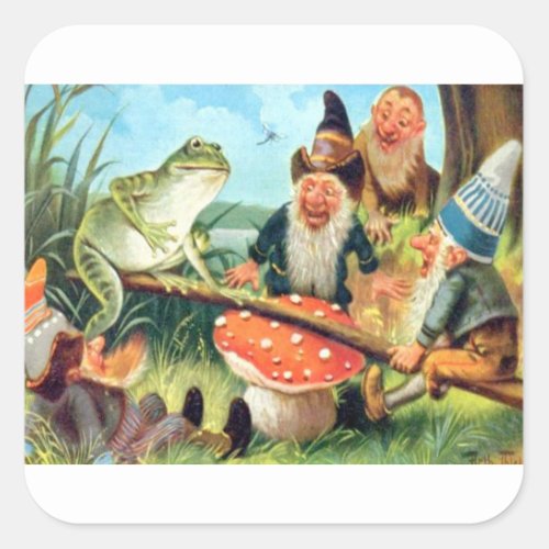 A Gnome and Frog on a Mushroom Seesaw Square Sticker
