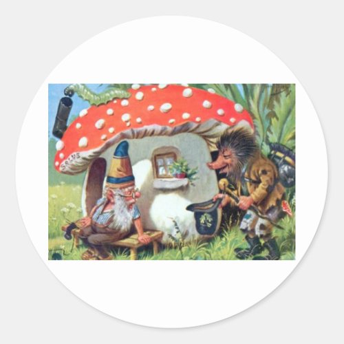 A Gnome Living in a Mushroom Cottage Classic Round Sticker