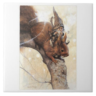A GNOME RIDING A SQUIRREL CERAMIC TILE