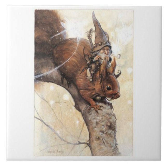 A GNOME RIDING A SQUIRREL CERAMIC TILE (Front)