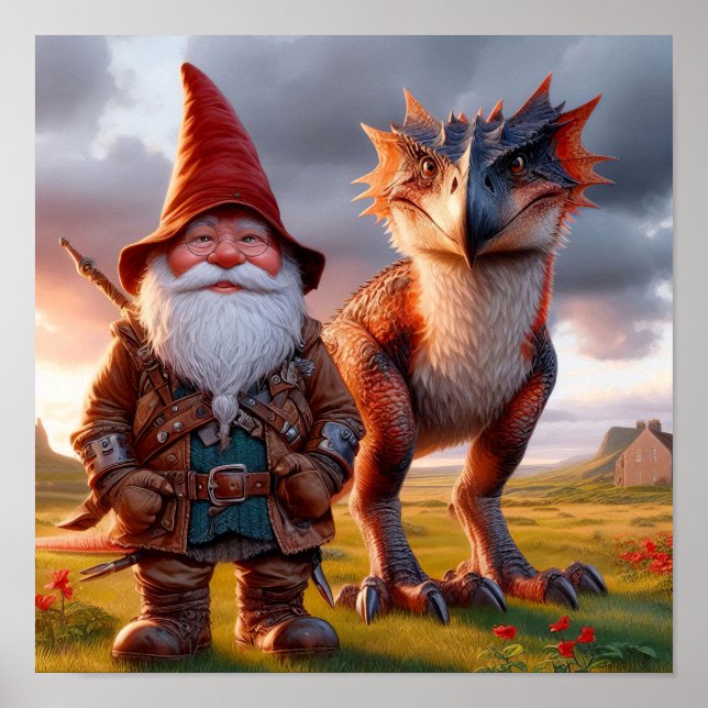 A Gnome Warrior posing with his Dragon Poster (Front)