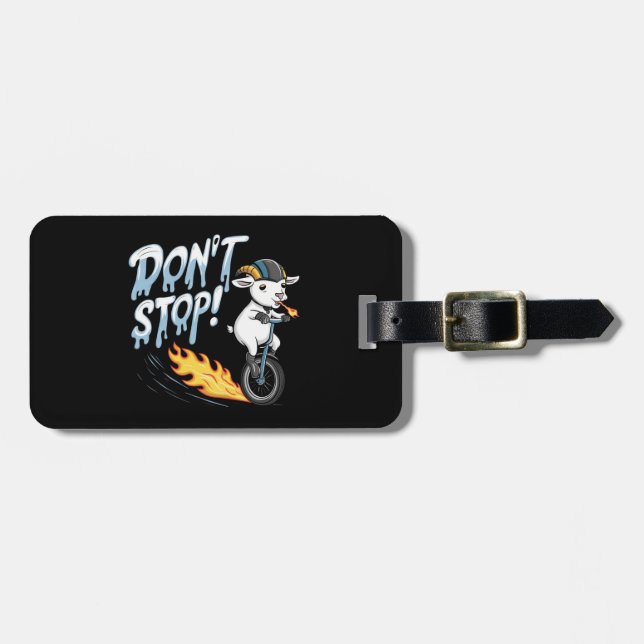 A goat riding a unicycle luggage tag (Front Horizontal)
