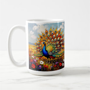 A Gold and Blue Peacock in Flowers Coffee Mug
