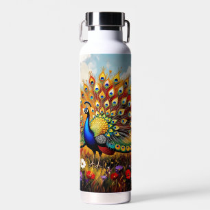 A Gold and Blue Peacock in Flowers Water Bottle