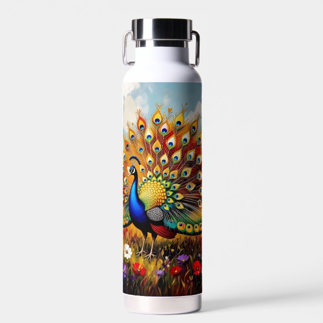 A Gold and Blue Peacock in Flowers  Water Bottle (Front)