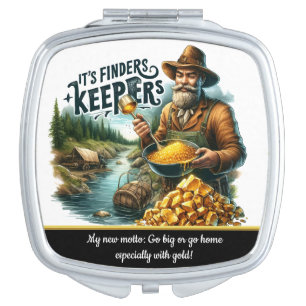 A gold miner happily finds treasure by a riverbank compact mirror