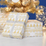 A Gold On White Merry Happy Chrismukkah Holiday Wrapping Paper<br><div class="desc">Add your name to this fun Merry Happy Chrismukkah holiday wrapping paper in a festive gold and white pattern of Menorahs and Christmas trees. Simple and classic, this gift wrap is perfect for blended families who celebrate both Hanukkah and Christmas. With sleek minimalist artwork of squared off gold Menorahs and...</div>