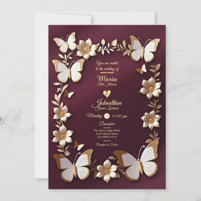 A Golden and burgundy Wedding invitation card  (Front)