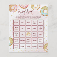 A golden Donuts Bingo Baby Shower Game Flyer