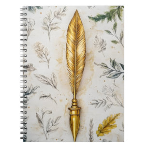 A golden feather or a fancy fountain pen. notebook