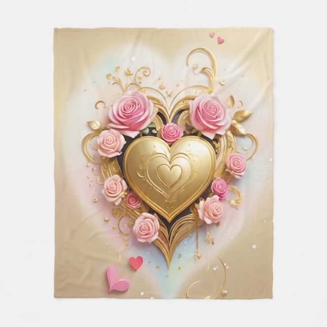 A golden heart surrounded by delicate pink roses  fleece blanket (Front)