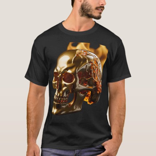 A golden skull with flames around it T_Shirt
