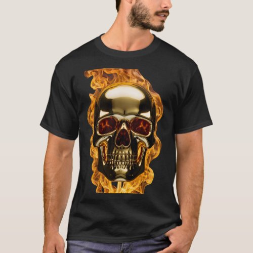 A golden skull with flames around it  T_Shirt