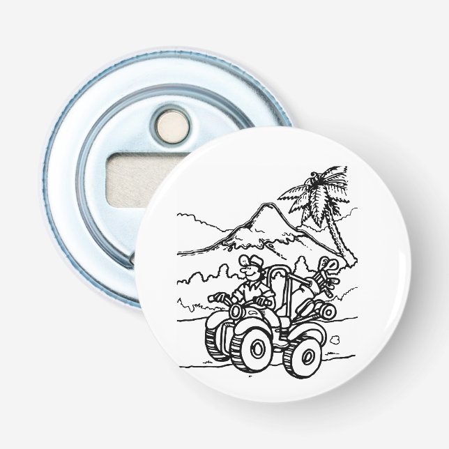 A Golfer playing golf with his four wheeler Bottle Opener (Front)