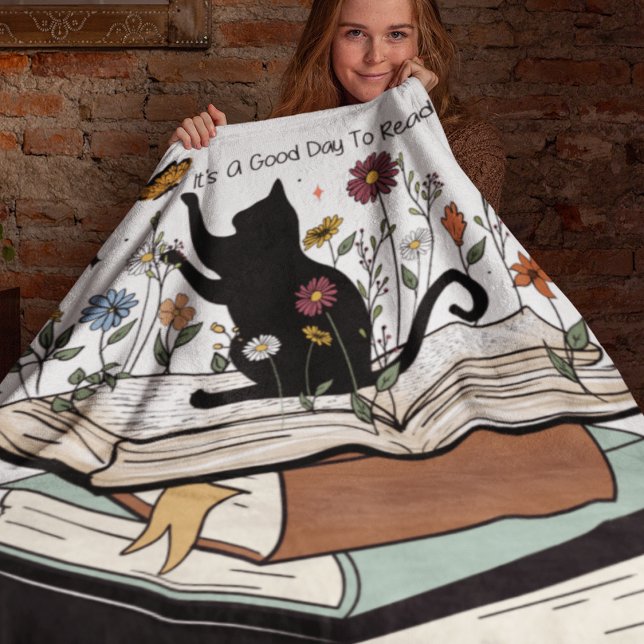 A Good Day to Read a Book Cat Book Lover Fleece Blanket (Creator Uploaded)
