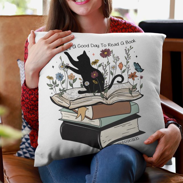 A Good Day to Read a Book Cat Book Lover Throw Pillow (Creator Uploaded)