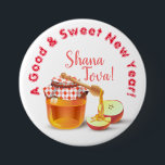 A Good & Sweet New Year! Honey & Apple Shana Tova Button<br><div class="desc">"A Good & Sweet New Year!" Rosh Hashanah Jewish New Year Holiday Honey and Apple Watercolor Illustration. Shana Tova! ( l'shana tova umetukah ) Hebrew Wishes text. Shanah Tovah! Calligraphy Vintage, Autumn Holiday Festival, Birthday, Sukkot. Judaica. Hand Drawn Watercolor. Accessories > Buttons & Patches > Buttons. Design with custom text...</div>