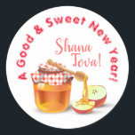 A Good & Sweet New Year! Honey & Apple Shana Tova Classic Round Sticker<br><div class="desc">"A Good & Sweet New Year!" Rosh Hashanah Jewish New Year Holiday Honey and Apple Watercolor Illustration. Shana Tova! ( l'shana tova umetukah ) Hebrew Wishes text. Calligraphy Vintage, Autumn Holiday Festival, Birthday, Sukkot. Judaica. Hand Drawn Watercolor. Home > Food & Drink > Baked Goods > Cake Pops. Design with...</div>