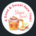 A Good & Sweet New Year! Honey & Apple Shana Tova Classic Round Sticker<br><div class="desc">"A Good & Sweet New Year!" Rosh Hashanah Jewish New Year Holiday Honey and Apple Watercolor Illustration. Shana Tova! ( l'shana tova umetukah ) Hebrew Wishes text. Calligraphy Vintage, Autumn Holiday Festival, Birthday, Sukkot. Judaica. Hand Drawn Watercolor. Home > Food & Drink > Baked Goods > Cake Pops. Design with...</div>