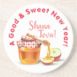 A Good & Sweet New Year! Honey & Apple Shana Tova Coaster<br><div class="desc">"A Good & Sweet New Year!" Rosh Hashanah Jewish New Year Holiday Honey and Apple Watercolor Illustration. Shana Tova! ( l'shana tova umetukah ) Hebrew Wishes text. Calligraphy Vintage, Autumn Holiday Festival, Birthday, Sukkot. Judaica. Hand Drawn Watercolor. Home & Living > Kitchen & Dining > Barware & Bar Tools >...</div>