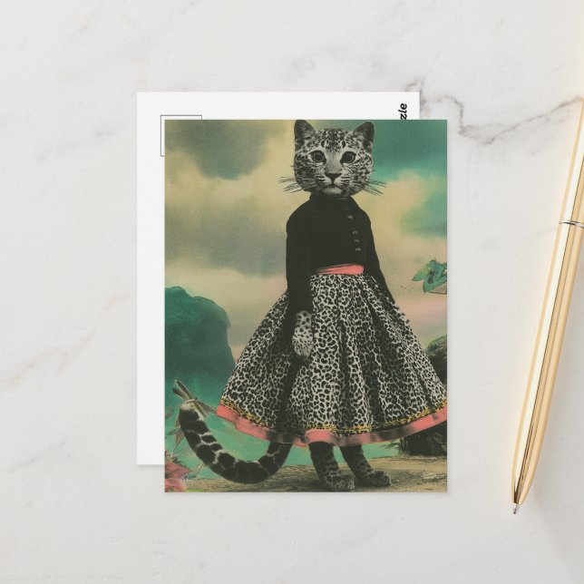 A gorgeous big cat in a big cat print dress postcard (Front/Back In Situ)