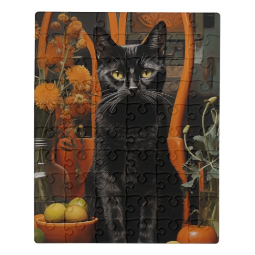 A Gorgeous Black Cat in an Orange Chair Jigsaw Puzzle