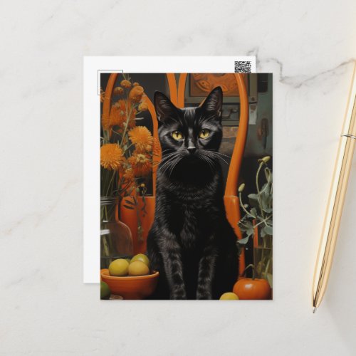 A Gorgeous Black Cat in an Orange Chair Postcard